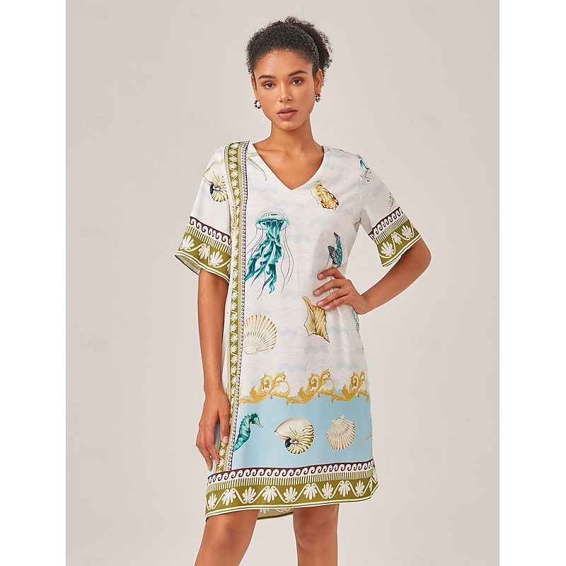 Resort-Style Ocean Print Straight-Cut Dress