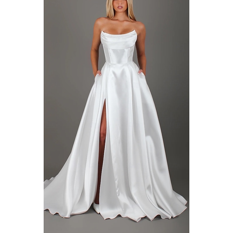 Reception Bustier Wedding Dresses A-Line Sweetheart Strapless Sweep / Brush Train Jersey Bridal Gowns With Ruched Pearls 2025 2025 - $167.99