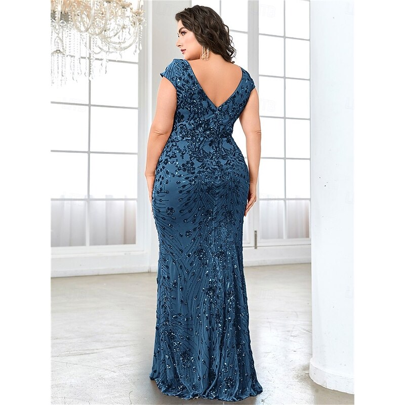 Mermaid / Trumpet Plus Size Dresses Elegant Curve Dress Formal Wedding Floor Length Short Sleeve V Neck Lace Backless with Sequin2