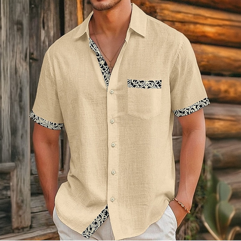 Men's Geometric Retro Flower / Floral Shirt Summer Shirt Button Up Shirt Short Sleeve Fashion Casual Vacation Holiday Streetwear Summer Turndown 3D Print Front One Pocket Linen Like Shirt Khaki