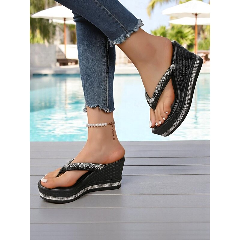 Women's Rhinestone Platform Flip Flop Sandals – Glitter Wedge Beach Shoes for Summer Vacation, Poolside, and Casual Outings3