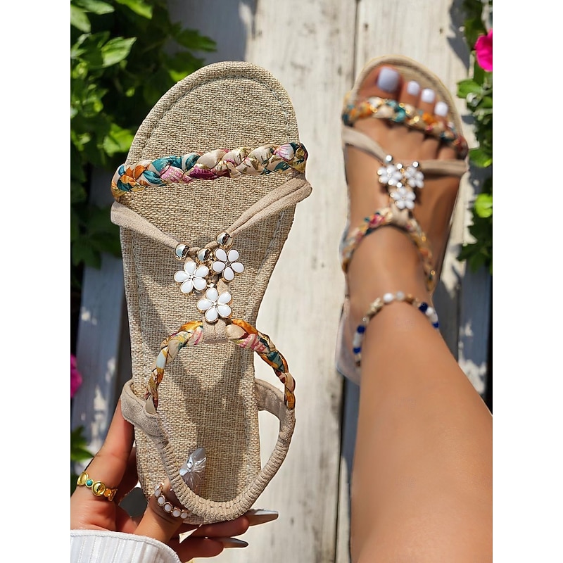 Women's Floral Braided Flat Sandals – Bohemian Style Summer Shoes with Daisy Charm for Beach, Vacation & Casual Wear