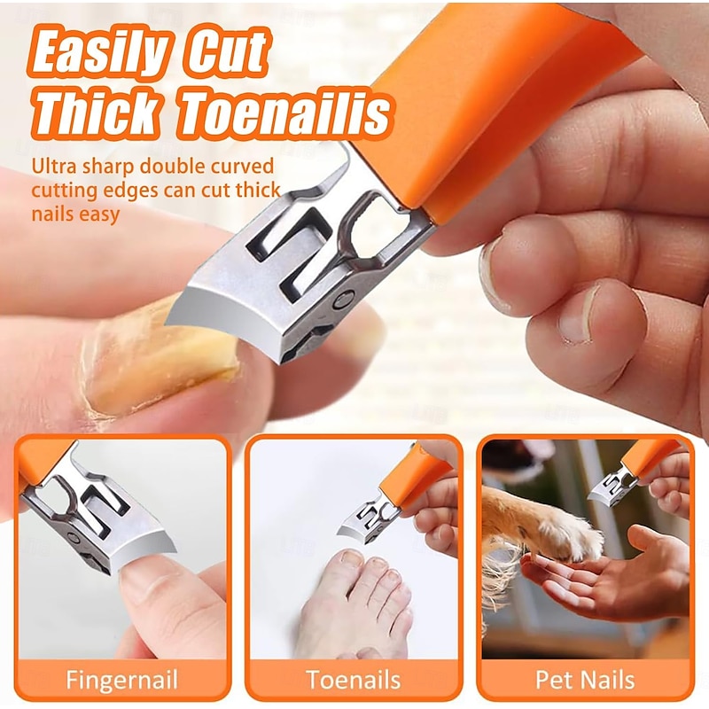2pcs Wide Jaw Opening Anti-Splash Slanted Nail Clipper for Ingrown Nails Thick Toenails Long Handle No Splash Nail Trimmer Toenail Clippers for Women and Men (Orange & Black)3
