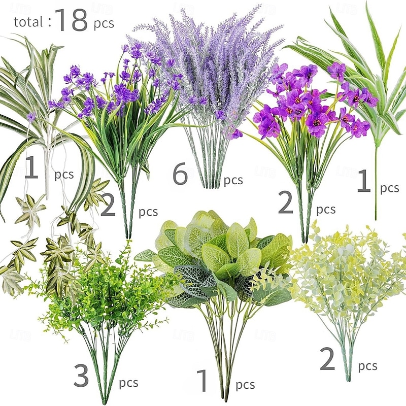 18 Bundles Artificial Flowers and Greenery for Outdoor Decor, Realistic Faux Monstera Leaves, Durable Garden Plant Set for Patio and Yard Decoration2