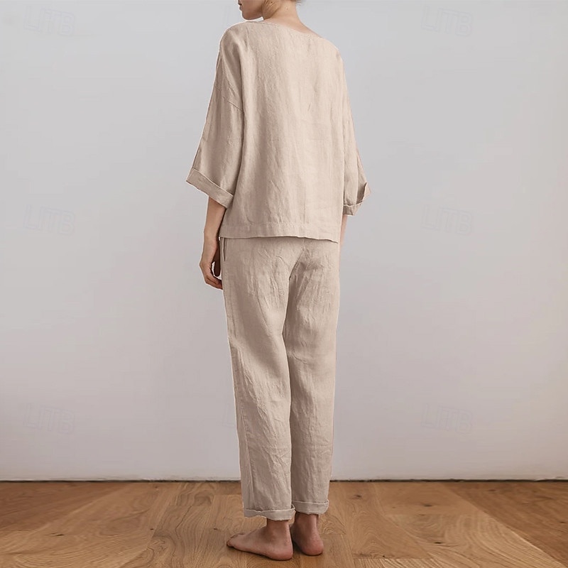 Women's Active Basic Cotton Linen Shirts Blouse Pants Sets Long Sleeve Crew Neck Solid Color Outdoor Going out Pink Army Green Beige Summer Regular Fit3