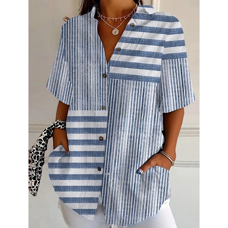Women's Shirt Long Sleeve Button Down Blouse Graphic Geometric Striped Vintage Stylish Modern Short Sleeve Shirt Collar Regular Tops Daily Light Green Red Blue Purple Orange Summer Spring