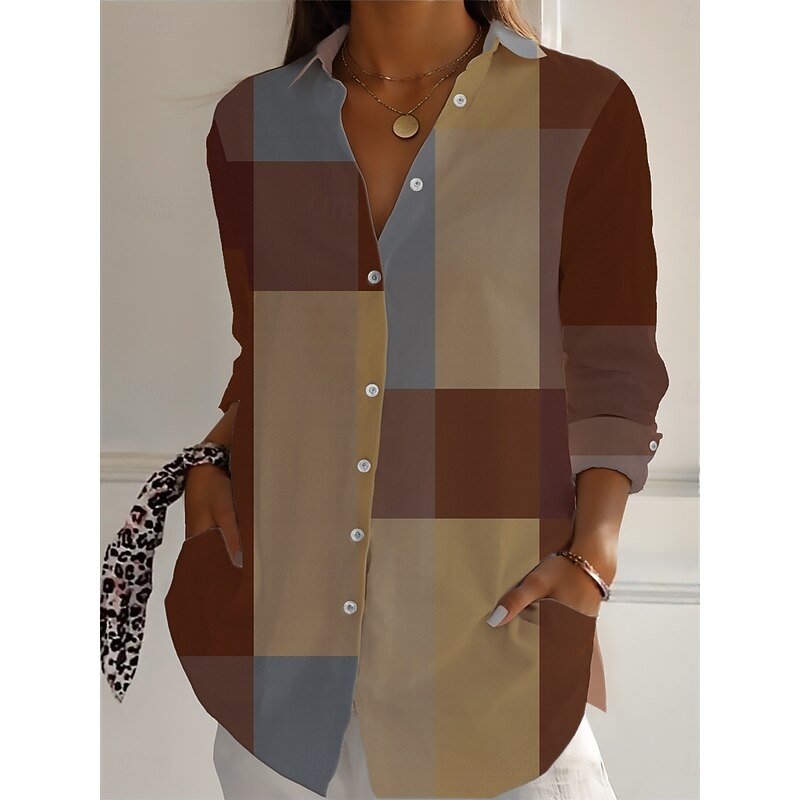 Women's Cotton Linen Shirts Plaid Daily Casual Long Sleeve Shirt Collar Regular Tops Daily Holiday Buttons Print Yellow Wine Blue Summer3