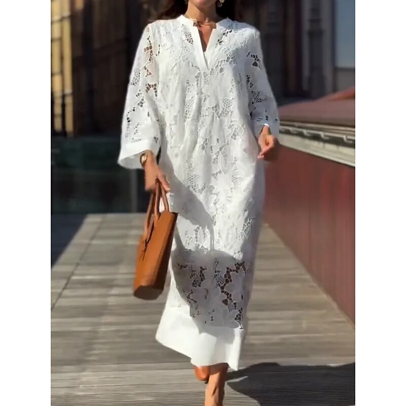 Women's Maxi Dress Shift Dress Summer Dress Casual Daily Regular Fit Plain 3/4 Length Sleeve Notched Neck White Summer3