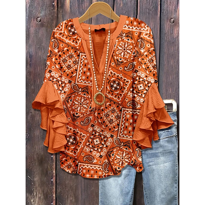 Women's Retro Blouse Layered Ruffle Sleeve Tops Vintage Graphic Geometric Vintage Daily Stylish 3/4 Length Sleeve Regular Tops Daily Holiday Vacation Wear Print Wine Camel Orange Summer Spring