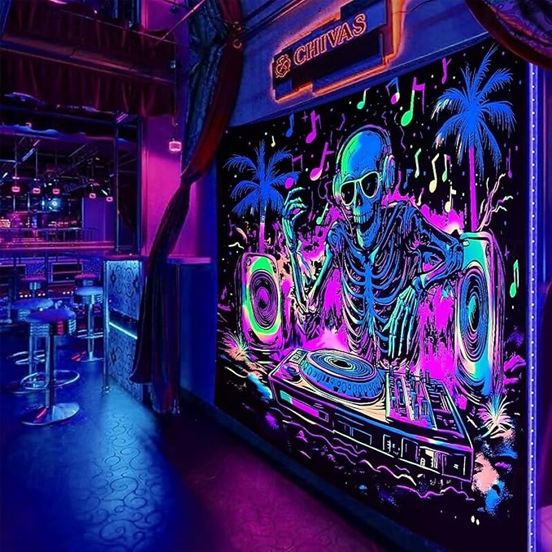 Halloween Decoration Blacklight Tapestry Glow in the Dark Glow Party UV Reactive Skull DJ Trippy Gift Hanging Tapestry Wall Art Mural for Living Room Bedroom4