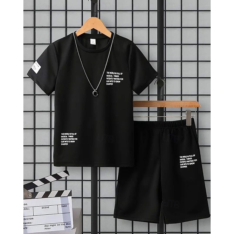 2 Pieces Kids Boys Suit T-shirt & Shorts Outfit Letter Short Sleeve Crewneck Set Outdoor Sports Fashion Summer 4 years+ Black White Red4