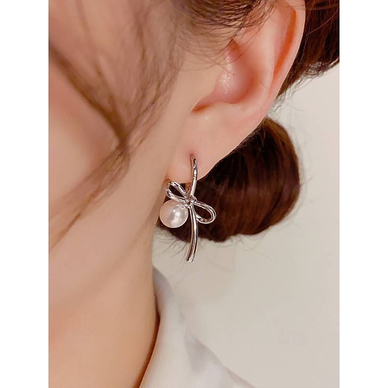 Women's Elegant Bow Knot Pearl Drop Earrings – Dainty Gold or Silver Plated Studs for Romantic Dates, Weddings and Daily Wear2