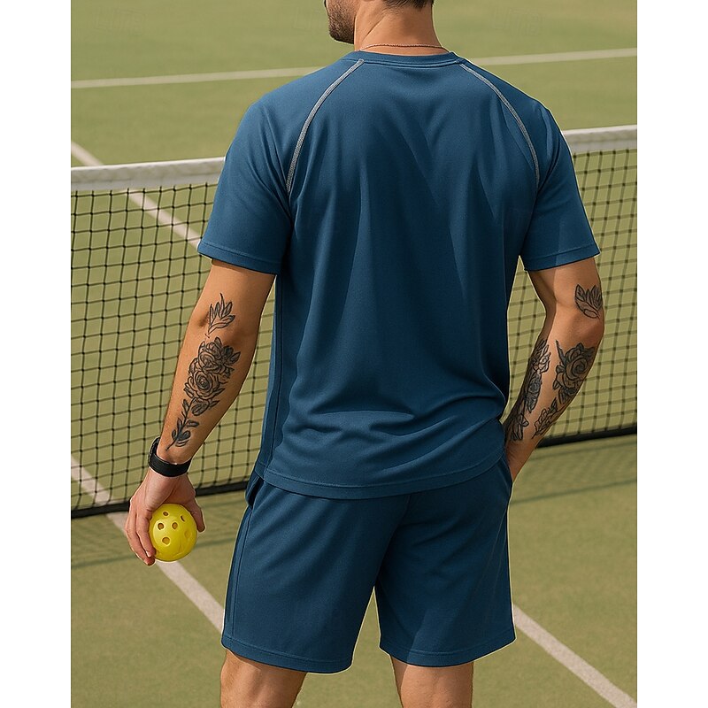 Men's Stripes Sports Set Tennis Set Two-piece Suit Short Sleeves Sweat-Wicking Moisture Wicking Breathable Tennis Golf Pickleball Crew Neck Black Royal Blue Khaki Tennis Clothing2