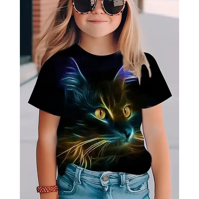 Girls' 3D Animal Cat T shirt Tee Short Sleeve Summer Spring Fashion Basic Kids 4-12 Years Crew Neck Outdoor Casual Daily Regular Fit