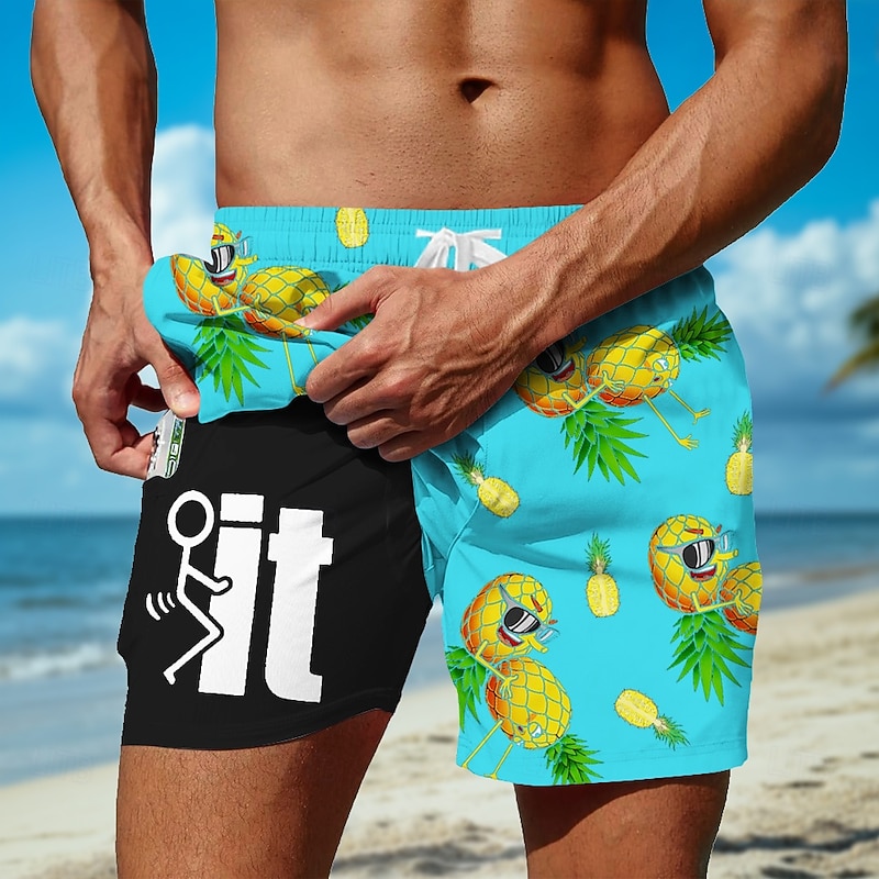 Men's Coconut Tree Letter Funny Lined Shorts 2 in 1 Board Shorts Swim Shorts Mid Waist Hawaiian Vacation Holiday Beach Wear Side Pockets With Compression Liner Elastic Drawstring Waist Designer3