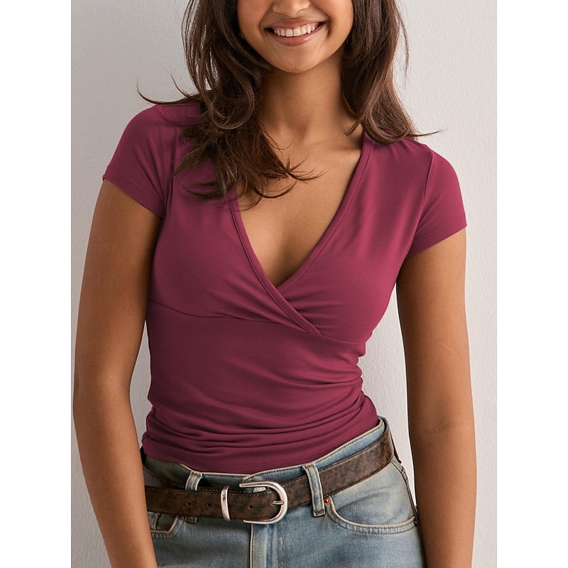 Women's T Shirt Solid Color Graphic Fashion Stylish Basic Short Sleeve V Neck Regular Tops Daily Weekend Black White Wine Beige Summer