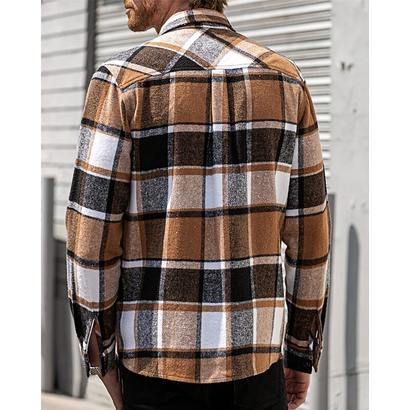 Men's Shirt Jacket Winter Jacket Shacket Plaid / Check Vacation Daily Wear Red Blue Orange Brown Long Sleeve Lapel Winter Autumn / Fall Clothing Apparel Pocket2
