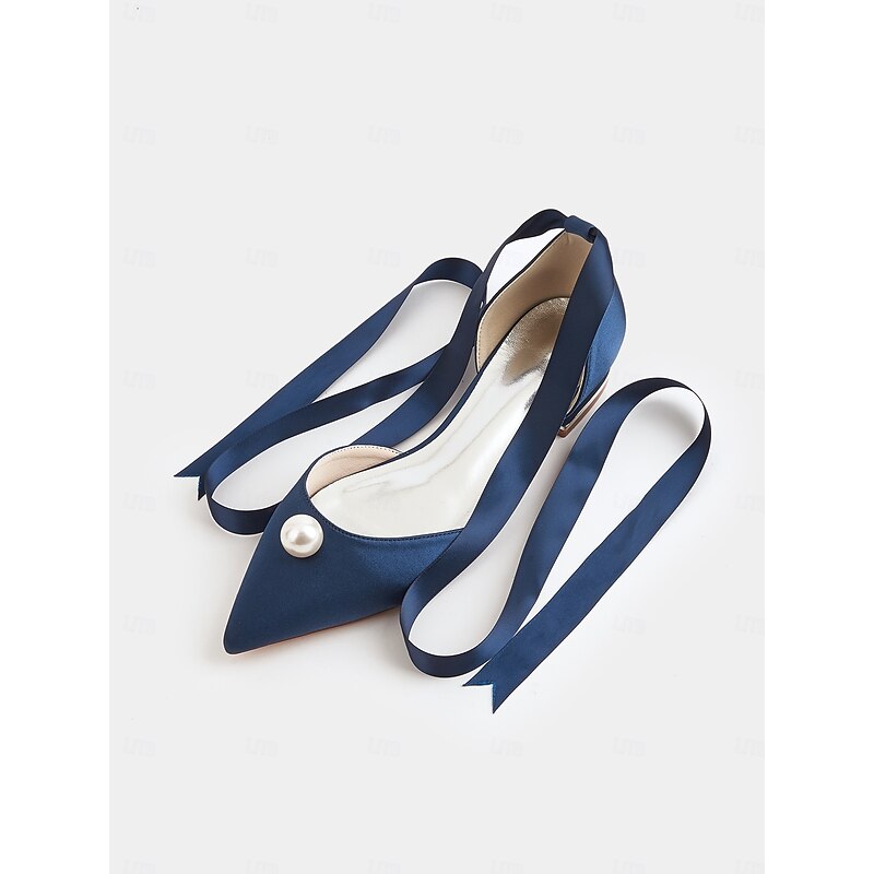 Women's Navy Satin Pointed Toe Flats - Pearl Embellished Ribbon Tie Dress Shoes for Elegant Evenings, Weddings, and Special Occasions2