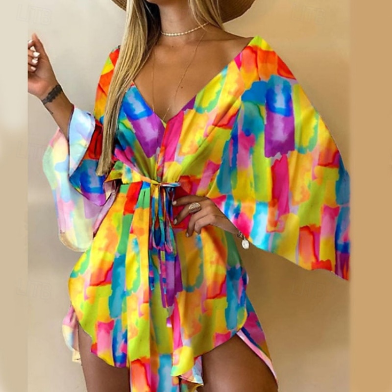 Women's Mini Dress Floral Dress Print Dress Fashion Modern Outdoor Vacation Holiday Regular Fit Flower Long Sleeve V Neck Black And White Yellow Light Green Pink Summer