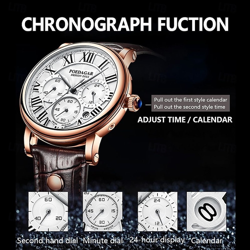 Men's Classic Quartz Watch – Chronograph Style, Waterproof Leather Strap, Business Casual Analog Wristwatch3