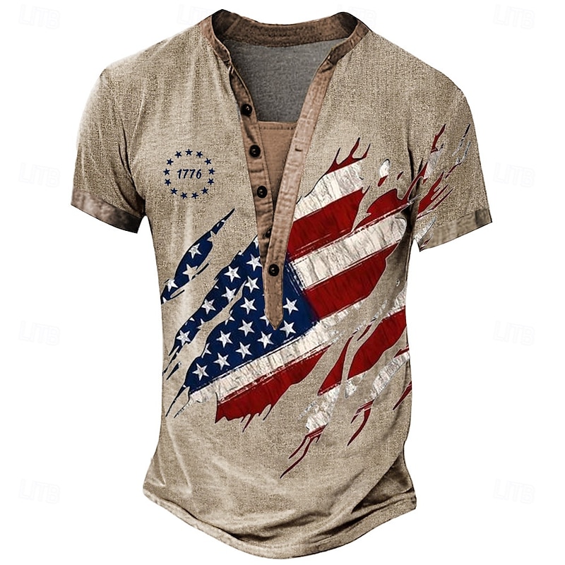 Men's American US Flag Stars and Stripes T Shirt Henley Shirt Tee Short Sleeve Designer Basic Classic Outdoor Casual Daily Summer Light Blue Khaki Gray Henley Henley T-Shirt