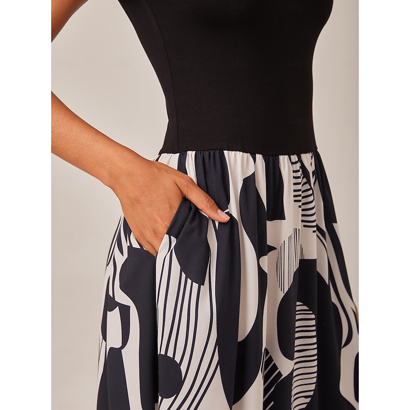 Women's Black and White Maxi Dress Knitted Patchwork Woven Geometric Abstract Print Elegant A Line Flowy Skirt Elastic Waist Casual Daily Wear2