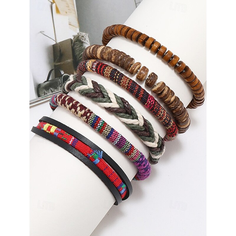 Men's Boho Multi-layer Beaded Braided Bracelet Set, Various Material Designs - Wood, Leather and Rope, Tribal Style, Beach and Casual Wear3