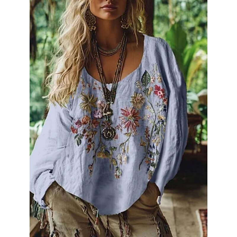 Women's Western Blouse Boho Shirt Blouse Flower Modern Casual Long Sleeve V Neck Regular Tops Daily Holiday Going out Print White Pink Blue Purple Green Summer Autumn2