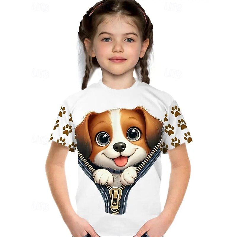 Girls' 3D Dog T shirt Tee Short Sleeve Summer Spring Fashion Basic Kids 4-12 Years Crew Neck Outdoor Casual Daily Regular Fit