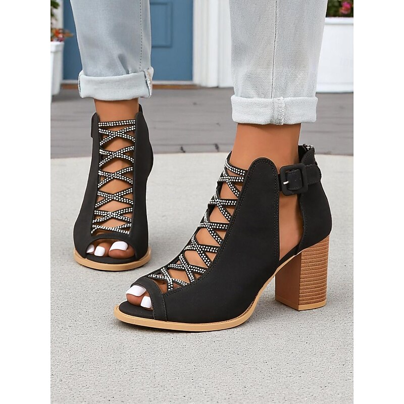 Women's Black Peep Toe Heeled Sandals with Rhinestone Lace-Up Design – Stylish Chunky Heel Shoes for Summer Parties, Daily Wear or Garden Events2