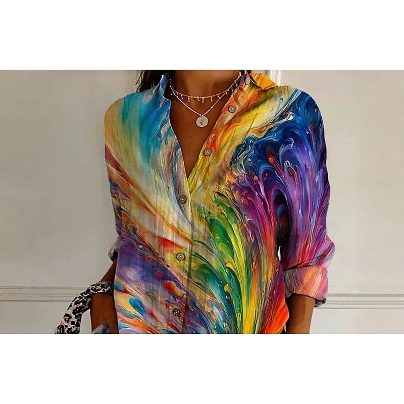Women's Shirt Graphic Geometric Casual Boho Long Sleeve Shirt Collar Regular Tops Daily Going out Party Outfits Patchwork Buttons Print Rainbow Spring, Fall, Winter, Summer2