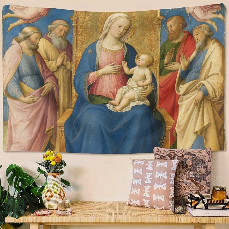 Medieval Tapestry Middle Age Tapestry Religious Art Large Mural Decor Photograph Backdrop Home Bedroom Living Room Decoration Madonna and Child with Saints