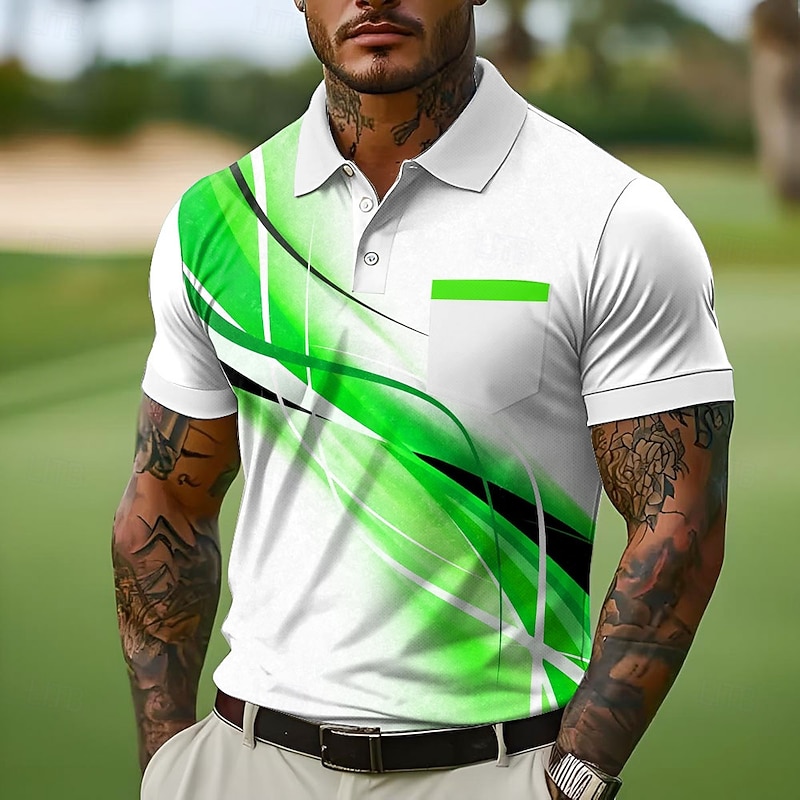 Men's Button Up Polos Street Casual Lapel Short Sleeve Fashion Modern Geometic Line Buttons Pocket Summer Blue Purple Green Gray Button Up Polos2