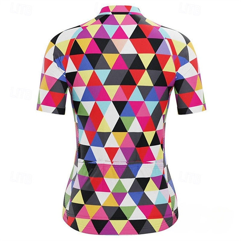 Women's Cycling Jersey Geometry Short Sleeve Bike Tee Tshirt Jersey Top with 3 Rear Pockets Mountain Bike MTB Road Bike Cycling Quick Dry Reflective Strips Moisture Wicking Breathable Sports Red2