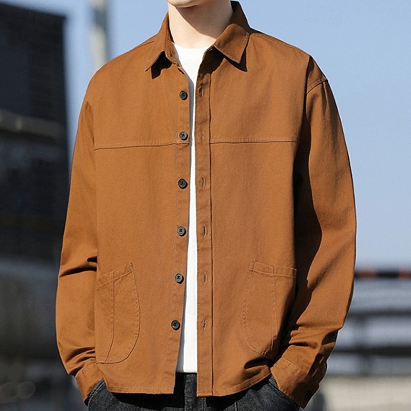 Men's Shirt Casual Shirt Shirt Jacket Plain Vacation Daily Wear Black Orange Army Green Coffee Long Sleeve Lapel Spring Autumn / Fall Clothing Apparel Pocket2