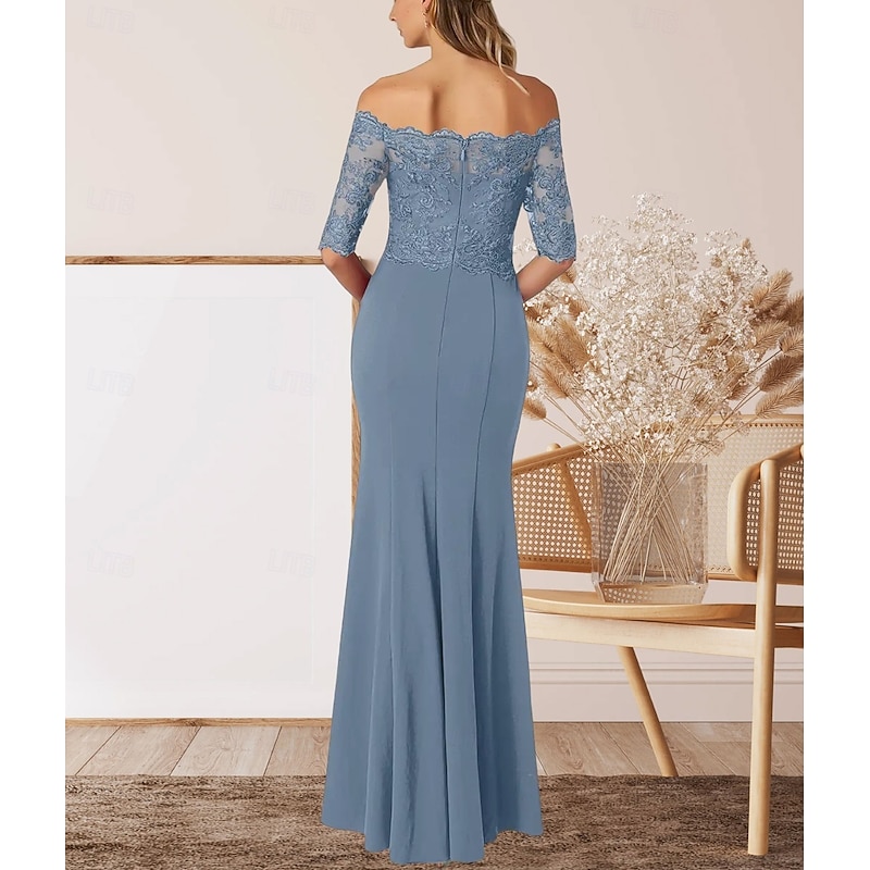 A-Line Mother of the Bride Dress Wedding Guest Elegant Off Shoulder Floor Length Chiffon Half Sleeve with Lace2