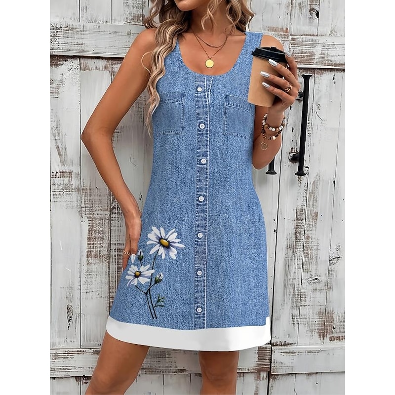 Women's Mini Dress Sundress A Line Dress Summer Dress Vacation Casual Daily Regular Fit Floral Graphic Sleeveless U Neck Navy Blue Blue Summer3