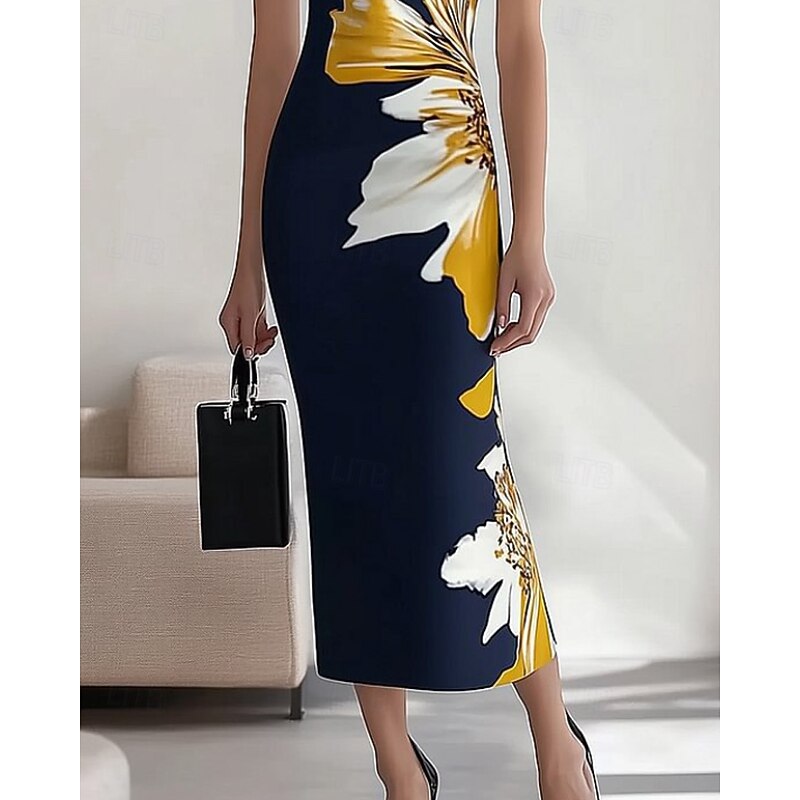 Women's Midi Dress Floral Dress Print Dress Elegant Fashion Outdoor Vacation Holiday Regular Fit Flower Sleeveless V Neck Navy Blue Summer3