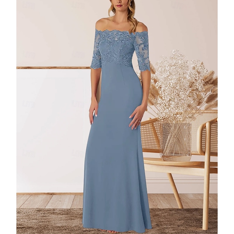 A-Line Mother of the Bride Dress Wedding Guest Elegant Off Shoulder Floor Length Chiffon Half Sleeve with Lace