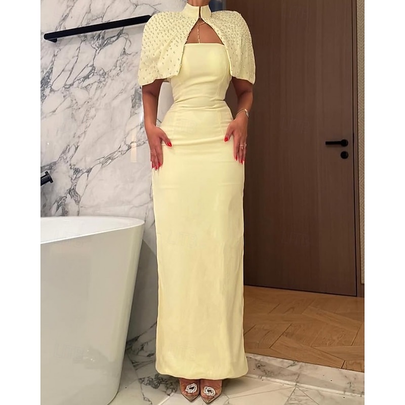 Cape Dress Crystal Mermaid / Trumpet Evening Gown Detachable Cape Elegant Dress Formal Semi Formal Wedding Floor Length Sleeveless Mock Neck Stretch Crepe