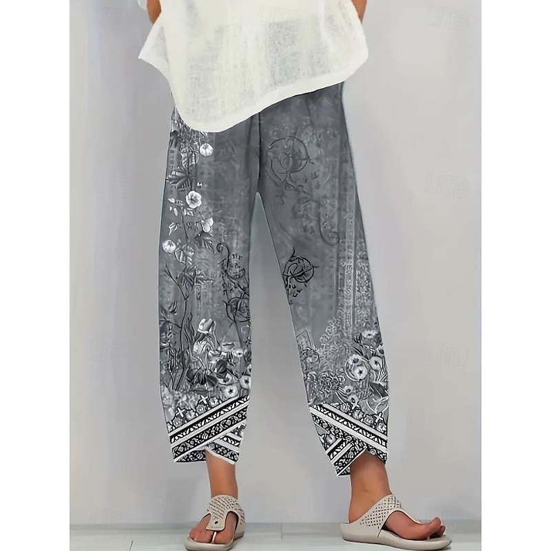 Women's Wide Leg Chinos Baggy Pants Vacation Vintage Ethnic Style Ankle-Length High Waist Floral Graphic Printing Thermal Warm Soft Breathable Micro-elastic Vacation Street Causal Ash Violet Robin's2