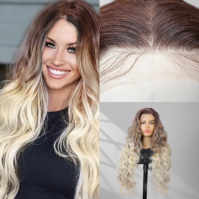 Synthetic Lace Wig Body Wave Style 30 inch Mixed Color Middle Part 13x4 Lace Front Wig Women's Wig Light golden