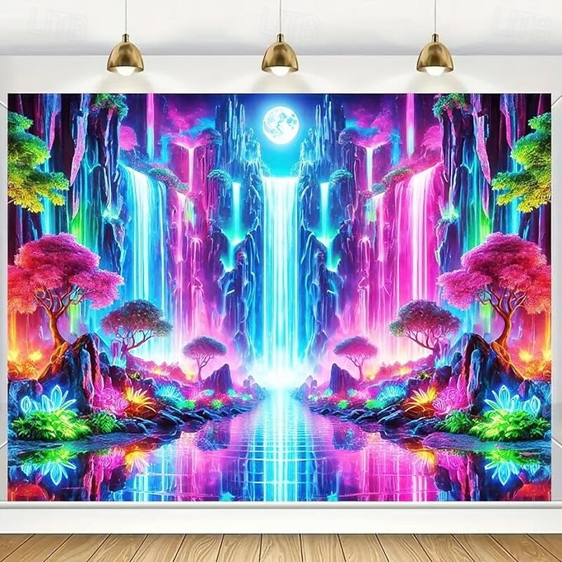 Blacklight Tapestry Glow in the Dark Glow Party UV Reactive Fantasy Waterfall Trippy Misty Nature Landscape Hanging Tapestry Wall Art Mural for Living Room Bedroom3
