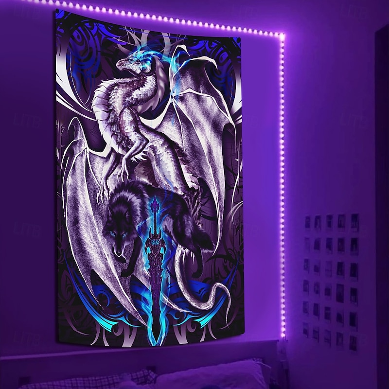 Ruth Thompson Blacklight Tapestry Glow in the Dark Glow Party UV Reactive Trippy Misty Hanging Tapestry Wall Art Mural for Living Room Bedroom Dragonblade OMEGABLADE HIGH REZ3