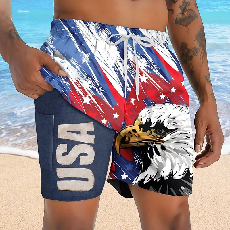 Independence Day Men's Patriotic USA Flag Lined Shorts 2 in 1 Board Shorts Swim Trunks Mid Waist Holiday Side Pockets With Compression Liner Elastic Drawstring Waist Designer Clothing Apparel