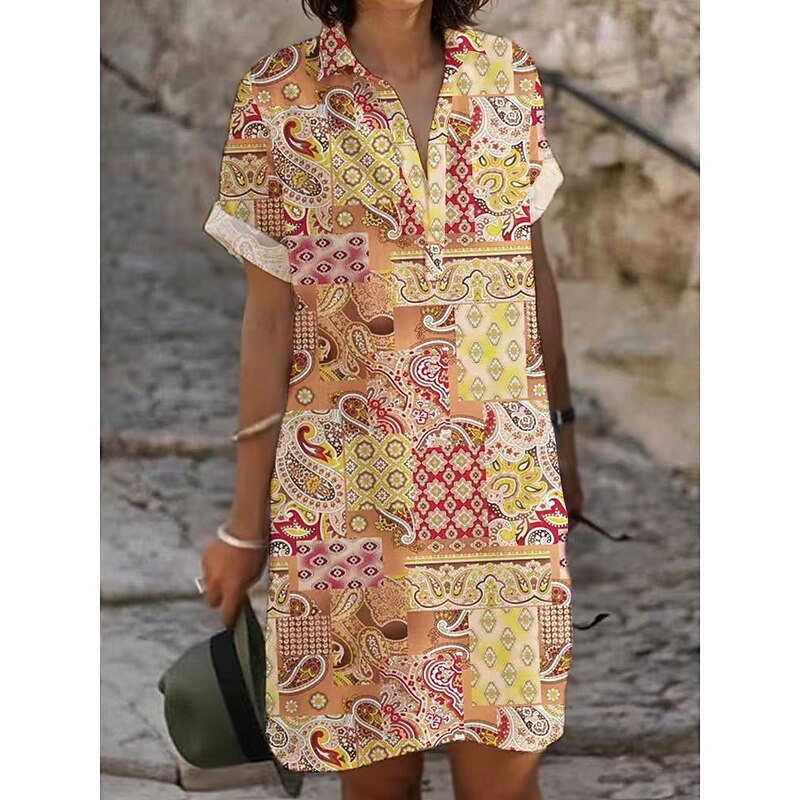 Women's Mini Dress Sundress Casual Beach Daily Regular Fit Flower Short Sleeve Shirt Collar White Yellow Red Brown Summer2