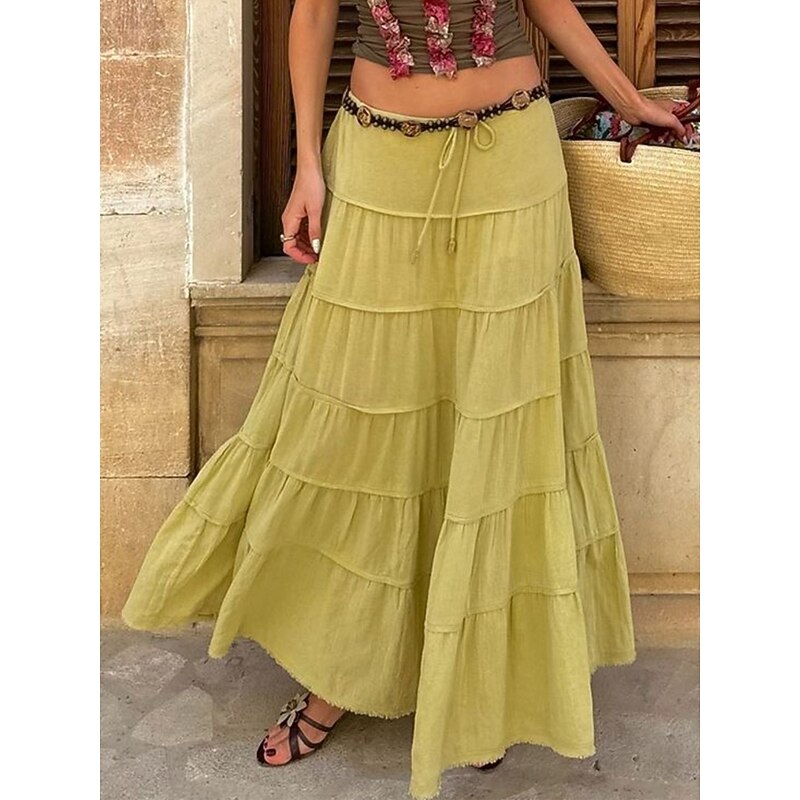 Women's Skirt A Line Solid Color Fashion Casual Maxi High Waist Skirts Plain Layered Micro-elastic Vacation Street Black White Orange Green Summer Polyester