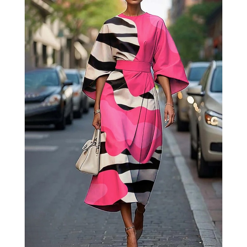 Women's Midi Dress Floral Dress Print Dress Fashion Modern Vacation Daily Weekend Regular Fit Striped Flower Half Sleeve Crew Neck Yellow Pink Light Blue Summer