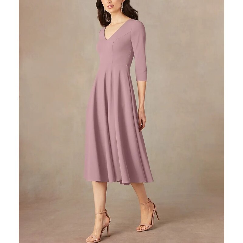 A-Line Mother of the Bride Dress Wedding Guest Elegant Minimalist V Neck Tea Length Italy Satin 3/4 Length Sleeve with Draping3