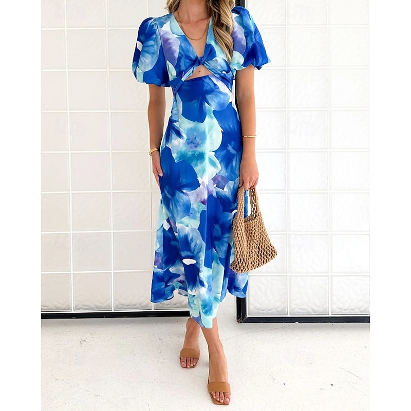 Women's Midi Dress Floral Dress Boho Dress Print Dress Fashion Modern Vacation Holiday Going out Regular Fit Flower Short Sleeve V Neck Blue Green Summer